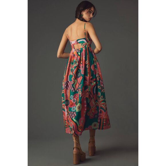 NWT Farm Rio X Anthropologie Pleated Palm Floral Midi Dress Multicolor $238 - Picture 3 of 11